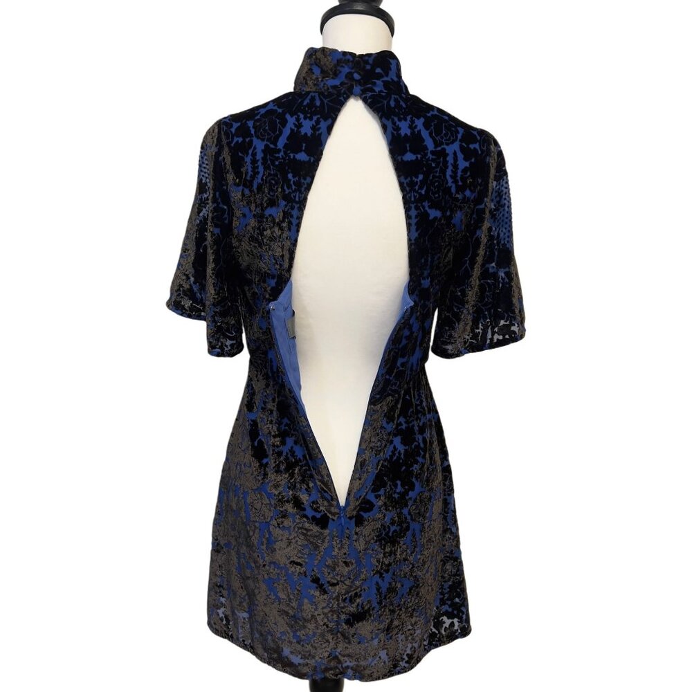 Anthropologie Velvet Rose Floral Mini Dress Mock A-Line Botton Flare Open Back - Picture 8 of 13